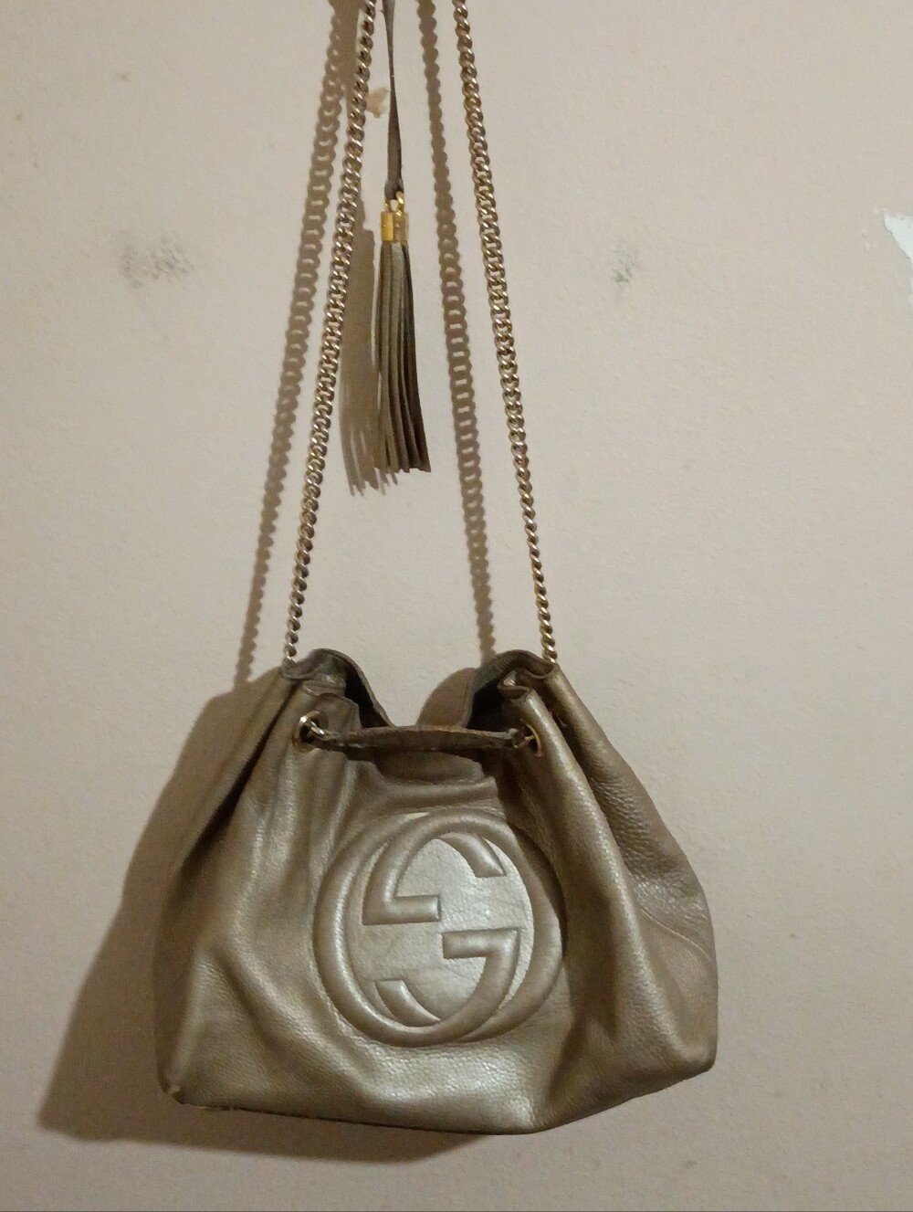 Gold Leather Shoulder Bag with Tassel Chain Strap
